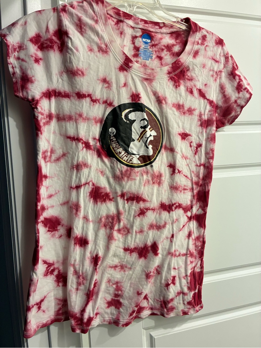 Florida State Red and White Tie-Dye women’s Short Sleeve Tee with Team Crest
